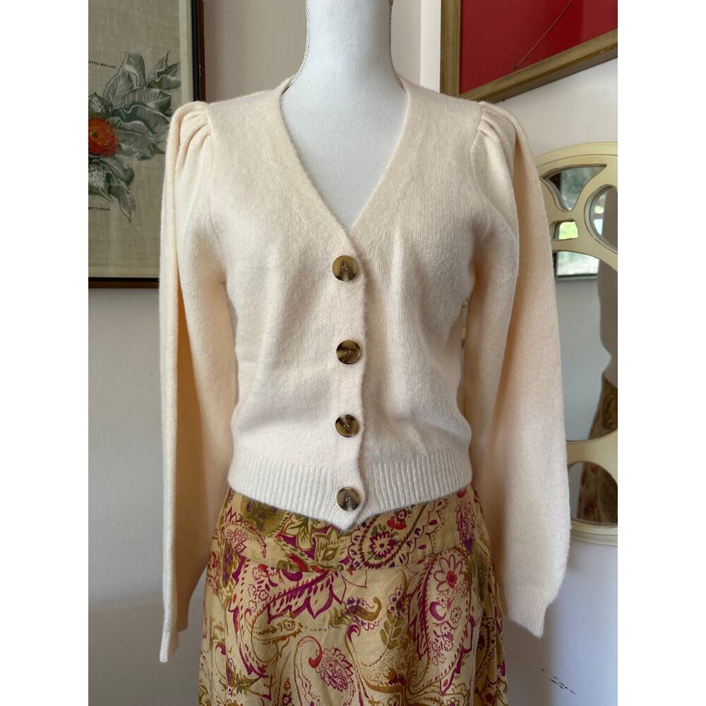 -Missguided Cream Button Up Sweater Cardigan V Neck Puffy Sleeves